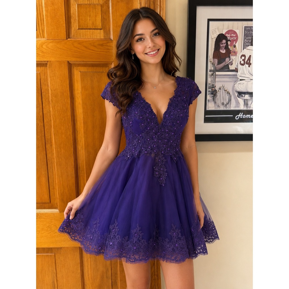 JJs House Purple Lace Tulle Cocktail‎ Dress Sequin Homecoming Prom Mini Dress